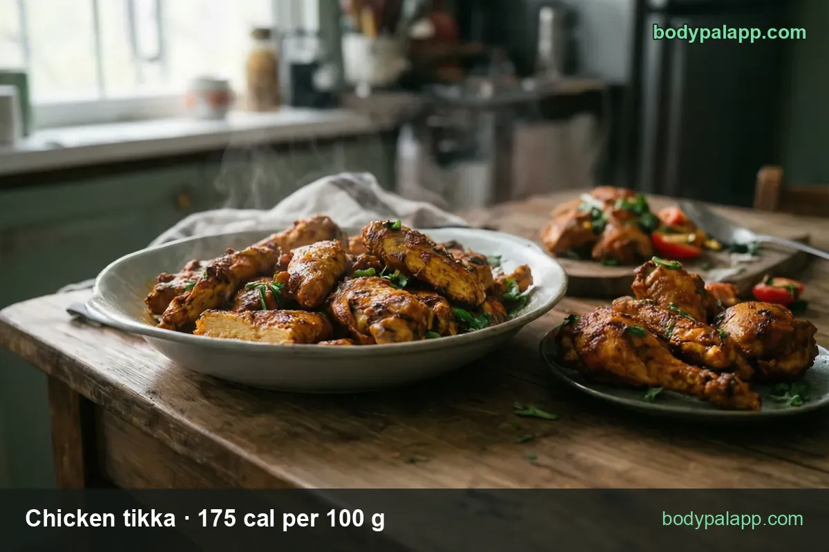 White plate of eight herbed chicken tikka pieces plus four bone-in pieces and tomato slices; 135 g 236 cal, 120 g 210 cal