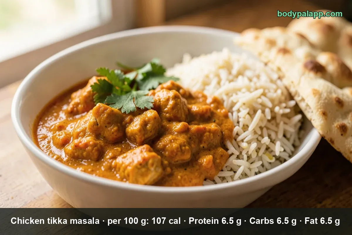 Bowl of chicken tikka masala, chicken pieces in a thick orange-red spiced sauce