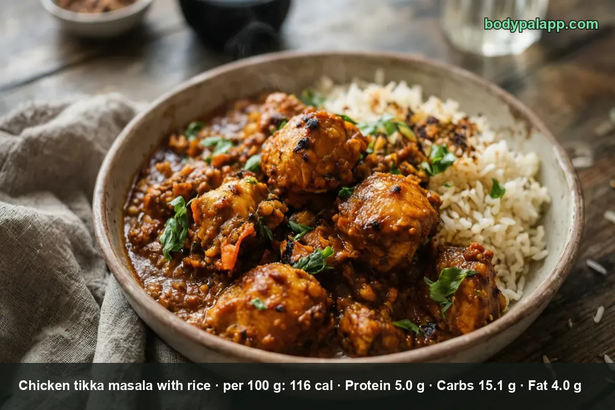 Deep bowl of chicken tikka masala in dark herbed sauce with white rice alongside and a glass of water behind.