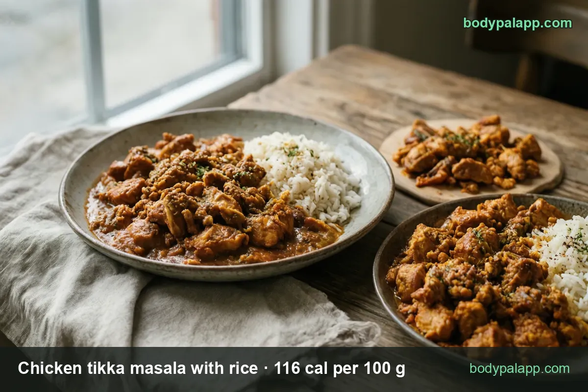Chicken tikka masala with rice on a large plate and sauced pieces on a board, 1 cup (200 g) 232 cal and 1 1/2 cups (300 g) 348 cal.