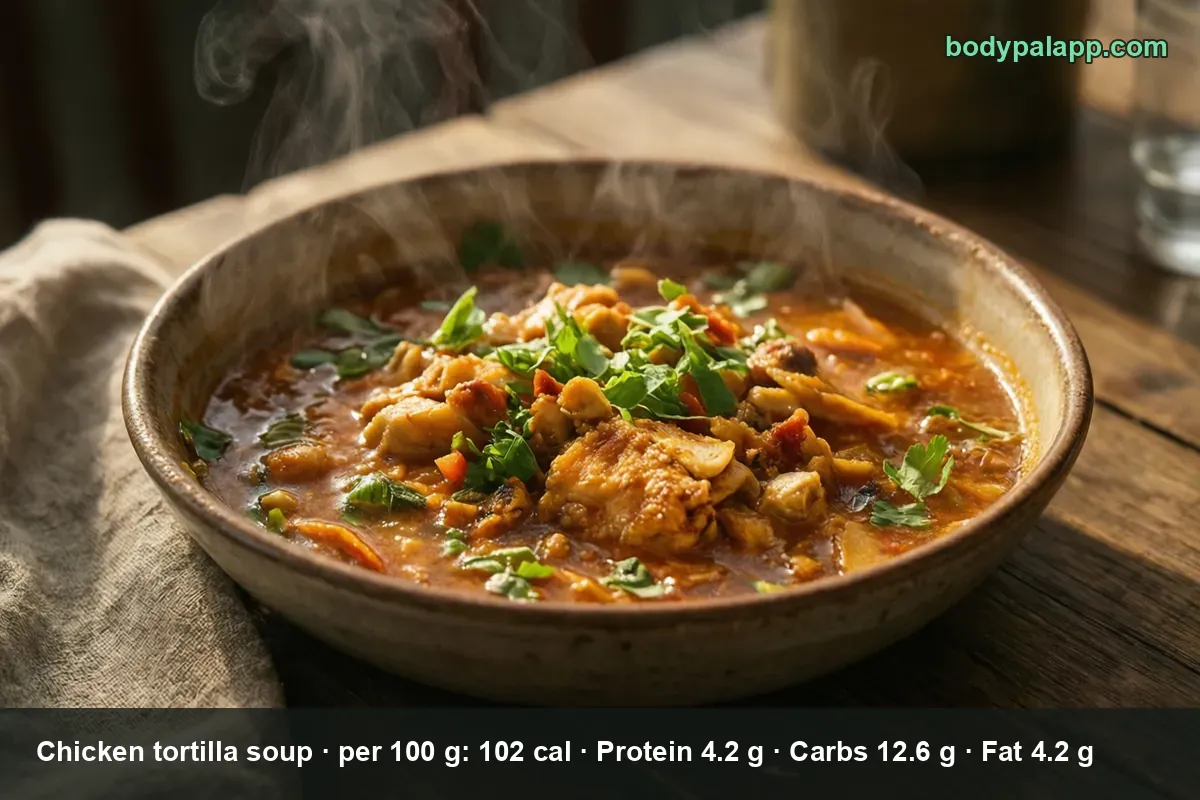 Bowl of chicken tortilla soup with shredded chicken, cilantro and red broth, steam rising.