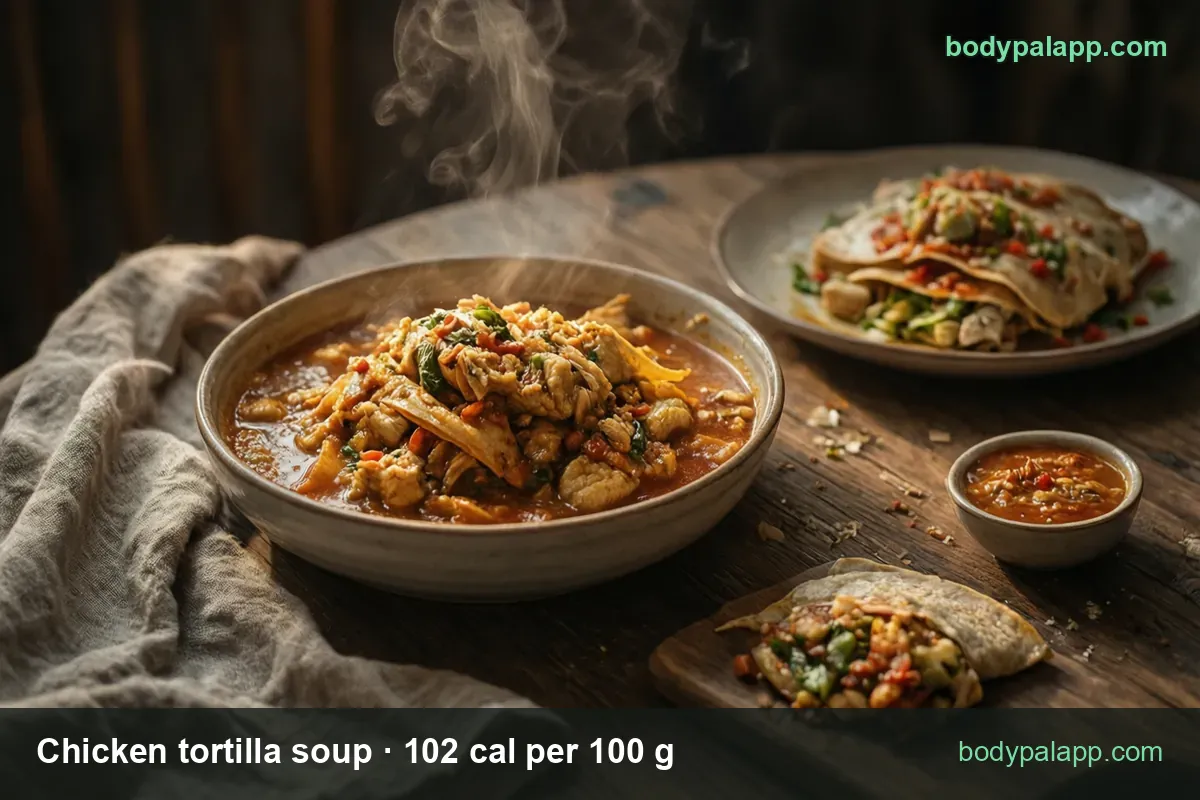 Bowl of thick red chicken tortilla soup with vegetables and herbs, filled tortillas and salsa behind; 1 cup 250 cal, 440 g container 449 cal.
