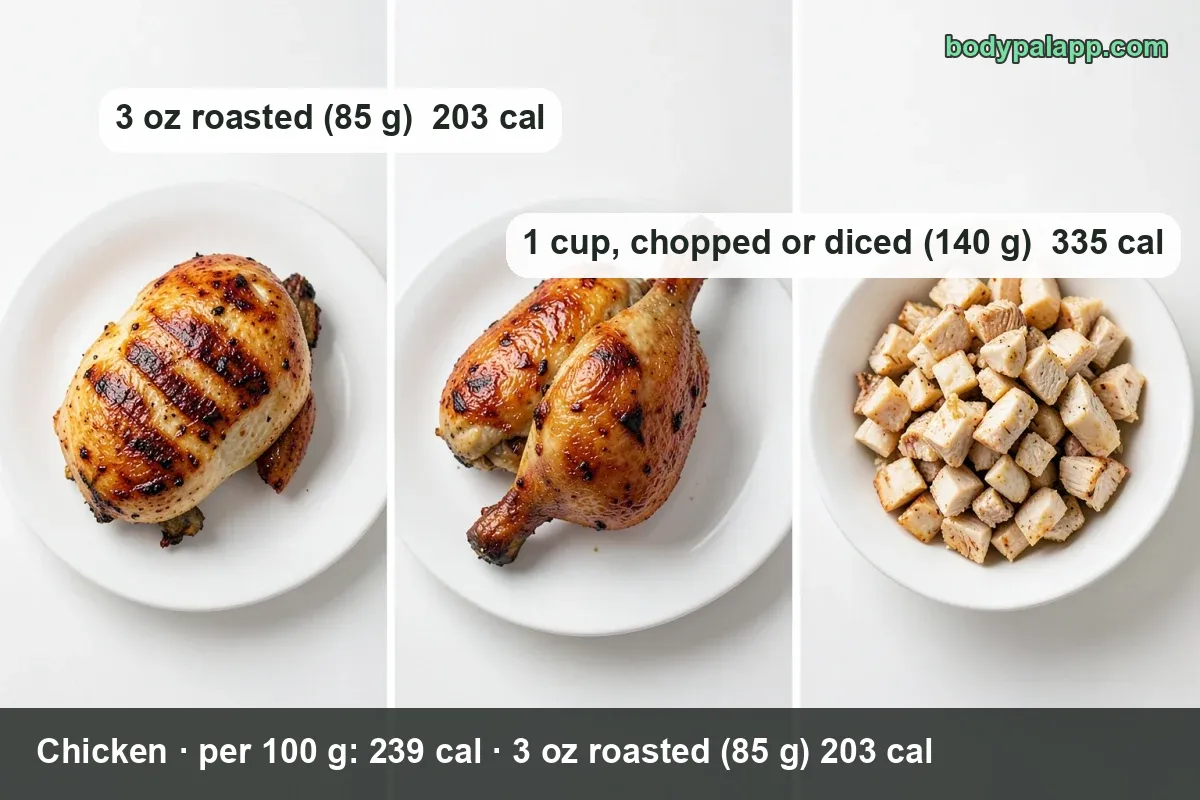 Whole roast chicken on a wooden board with a carving knife, labeled 3 oz (85 g) 203 cal and 1 cup chopped (140 g) 335 cal