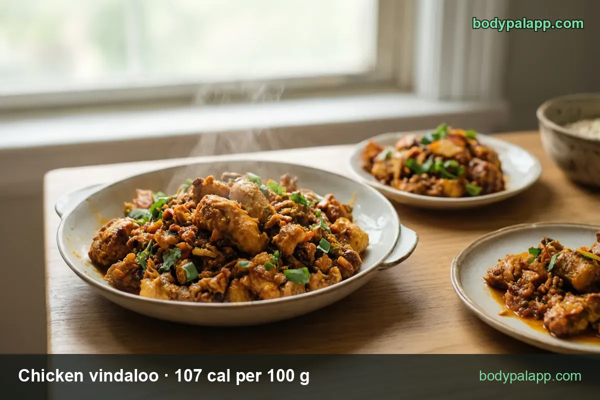 Three servings of chicken vindaloo with coriander and a bowl of rice; 1 cup (240 g) 257 cal and 1/2 cup (120 g) 128 cal