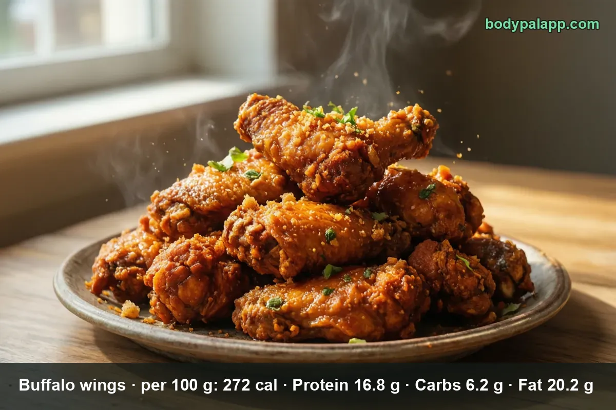 Pile of about nine crispy red-orange buffalo wings with herbs and crumbs on a plate, steam rising