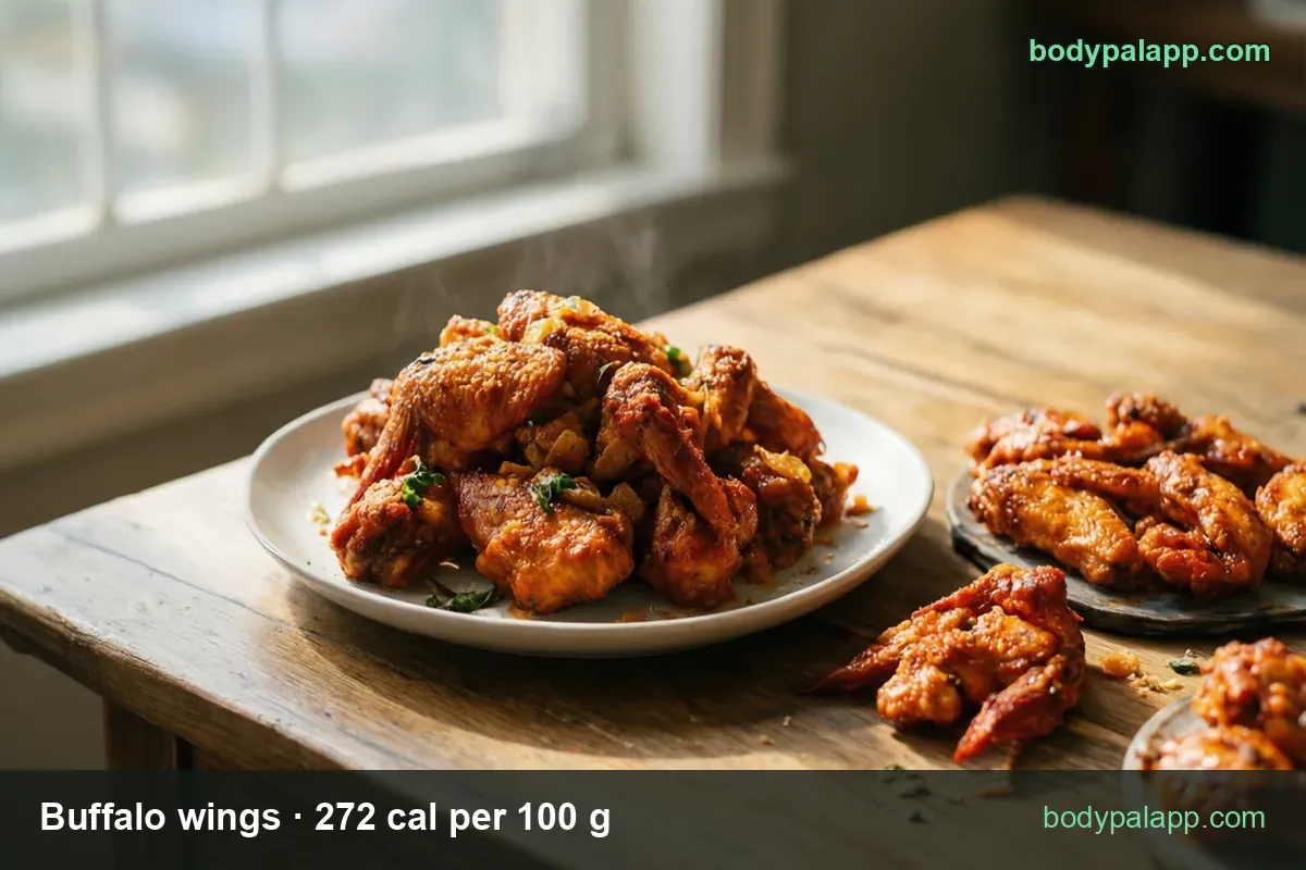 White plate of baked buffalo wings and a dark plate with four saucy wings; chips show 4 wings 140 g 381 cal and 1 wing 35 g 95 cal