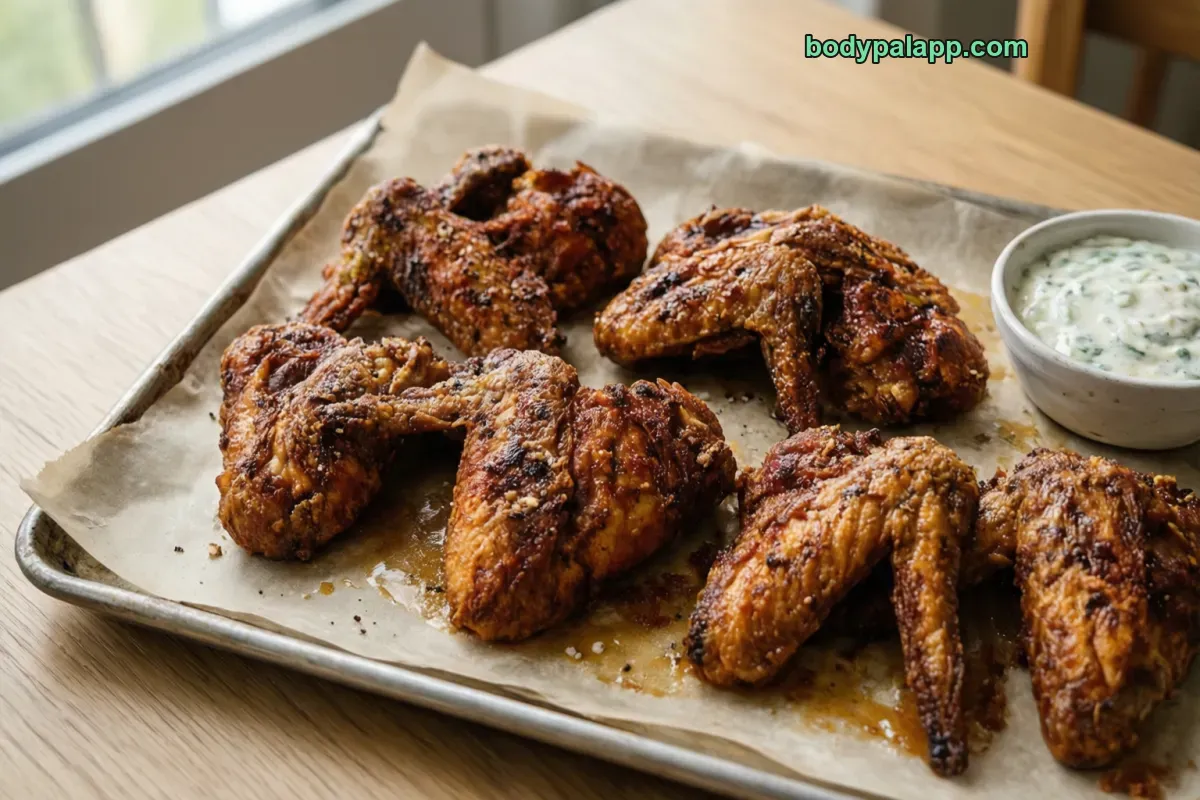 Baked chicken wing, baked, with skin