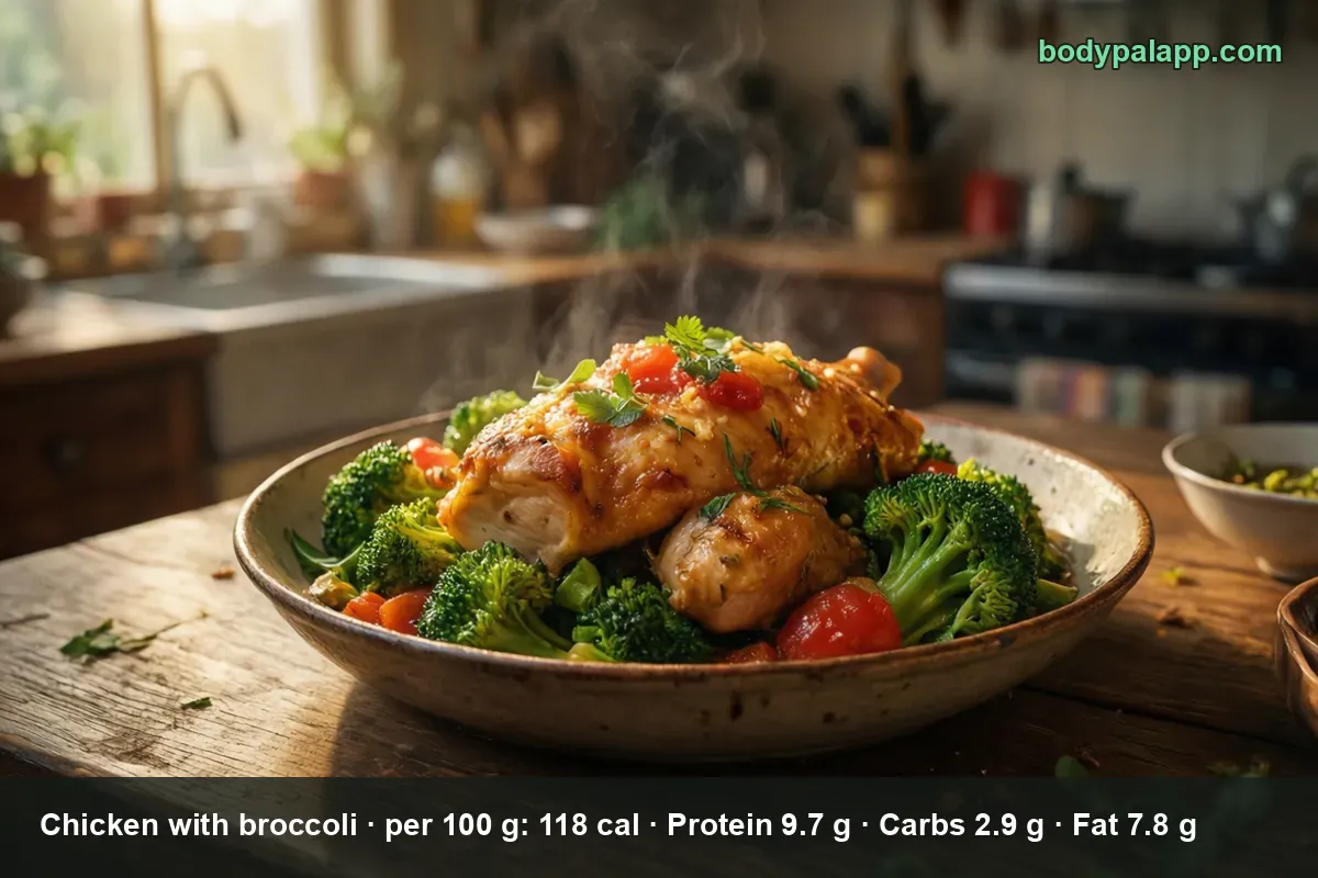 Bowl of chicken with broccoli: two pieces of roasted chicken on broccoli florets with cherry tomatoes, steam rising.
