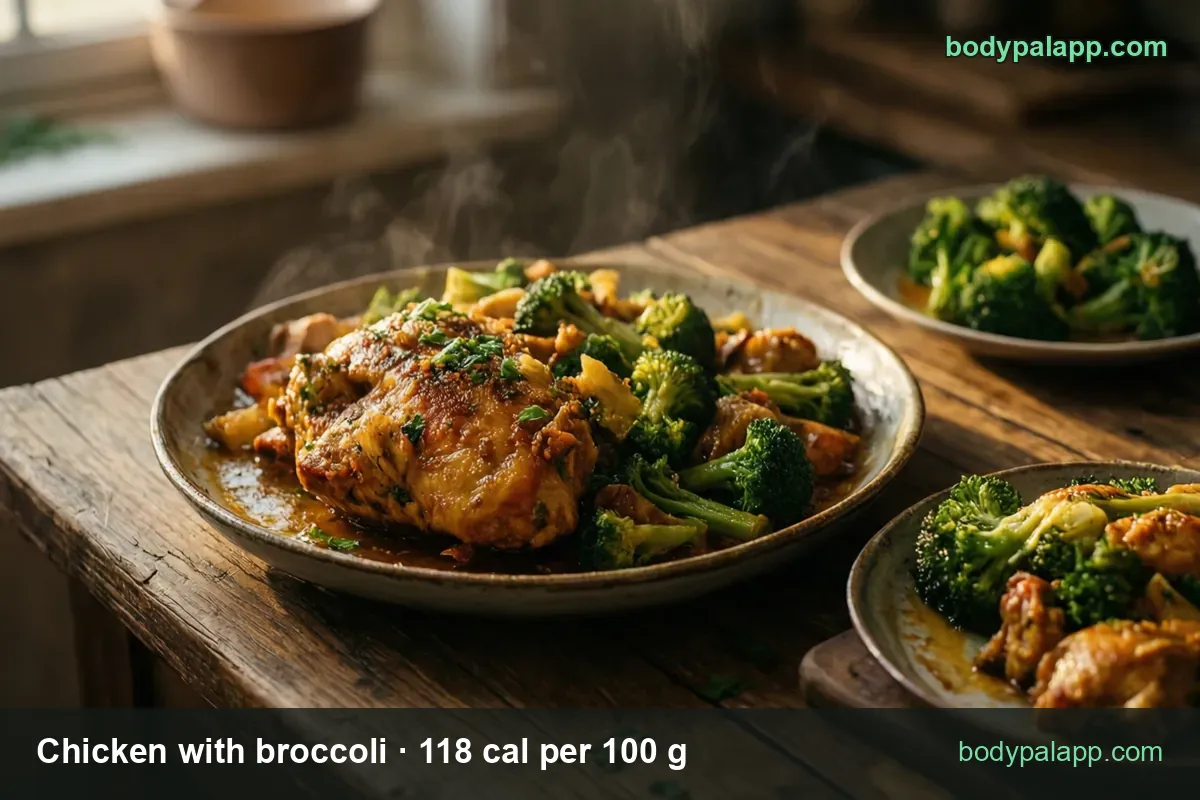 Plate of chicken in sauce with broccoli and two side plates, labeled 1 cup (162 g) 191 cal and 1 1/2 cups (243 g) 287 cal.