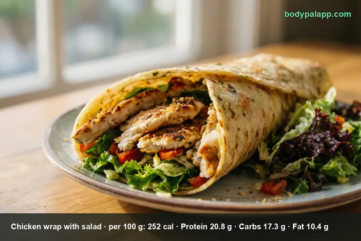 Open chicken wrap with grilled chicken slices, lettuce and tomato, with salad next to it on the same plate