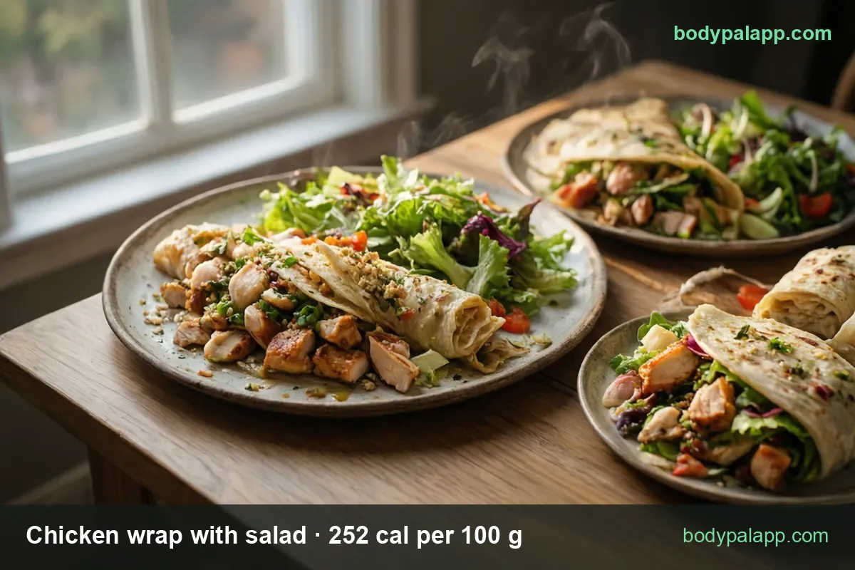 Plate of chicken wrap with chicken pieces and mixed salad with tomato, two side plates behind; chips show 1 wrap 161 g and half wrap