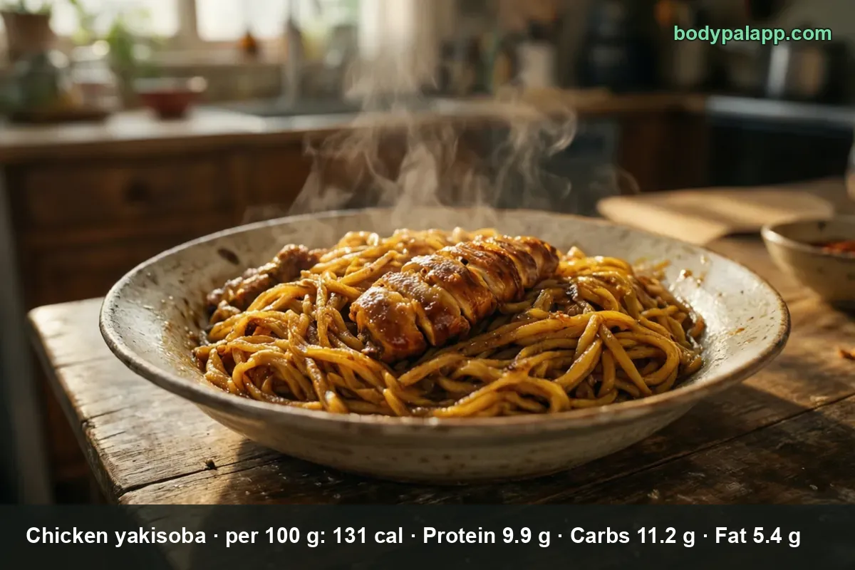 Deep bowl of chicken yakisoba with thick yellow noodles topped with sliced chicken thigh and rising steam.