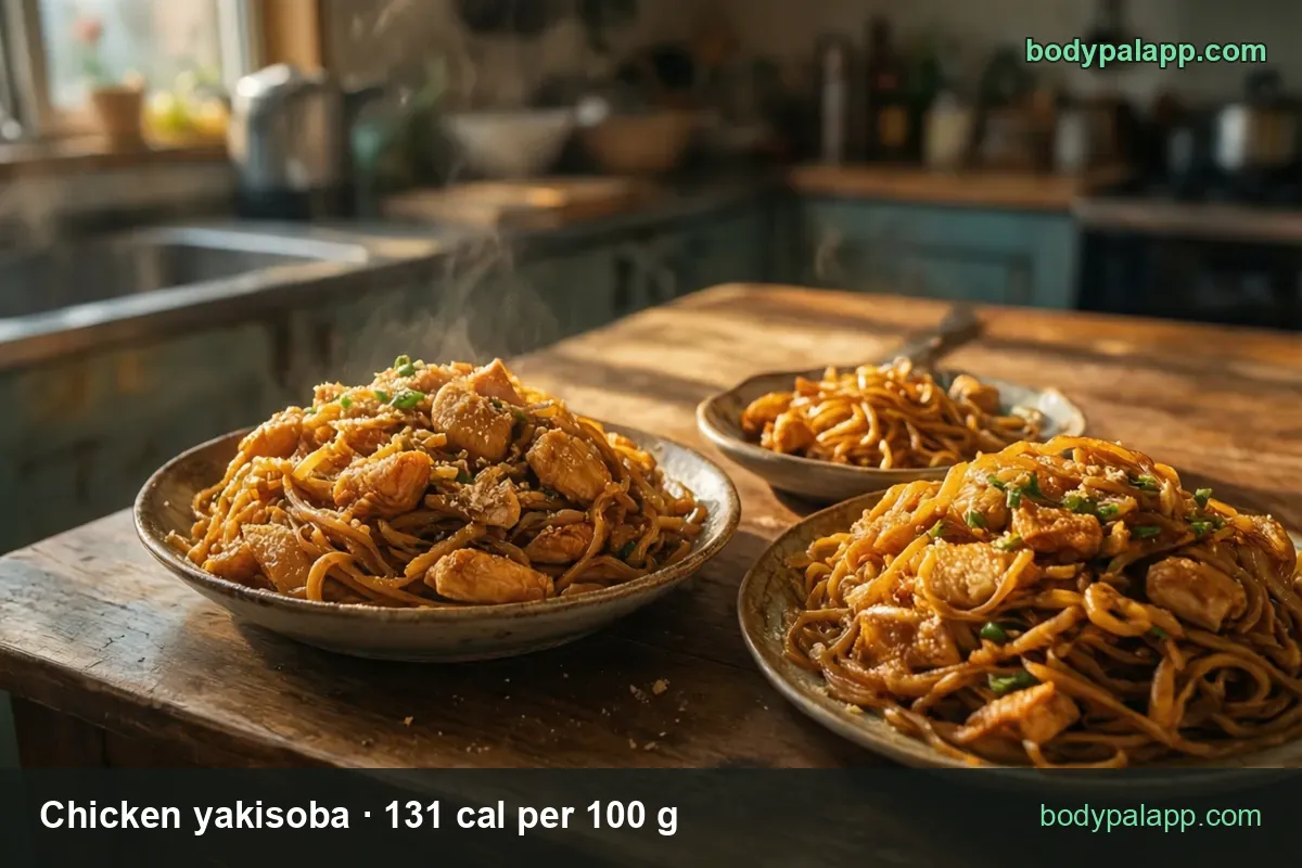 Three steaming servings of chicken yakisoba with green onion: 1 cup (220 g) 288 cal and 1 1/2 cups (330 g) 432 cal.