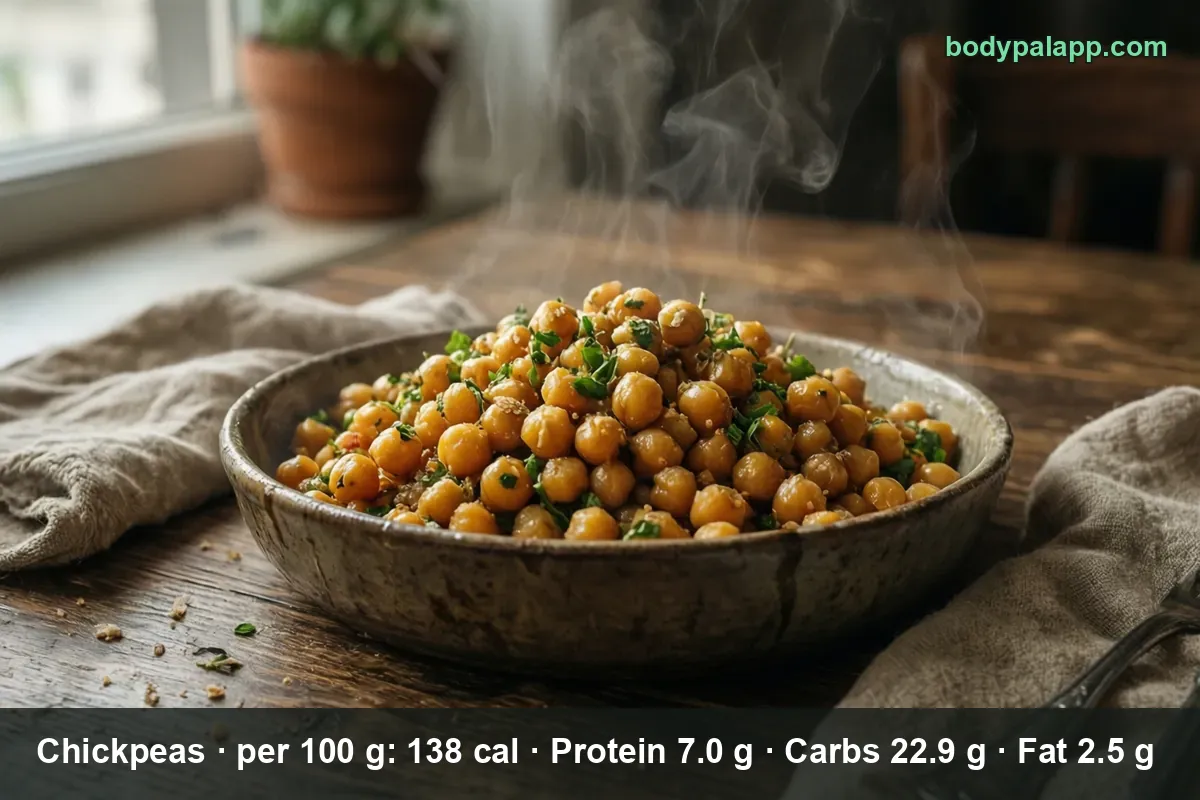 Bowl of cooked chickpeas topped with parsley, steam rising