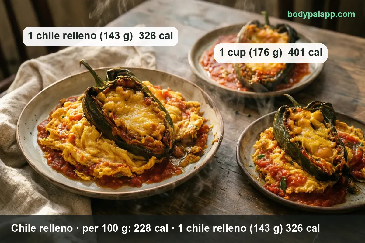 Roasted poblano stuffed with melted cheese over scrambled eggs and tomato sauce; 1 chile relleno 143 g 326 cal, 1 cup 176 g 401 cal