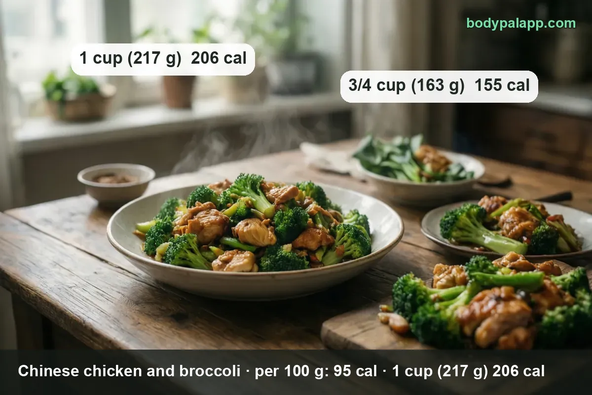 Chicken and broccoli in a shallow bowl with a sauce bowl, two plates and a wooden board; 1 cup (217 g) 206 cal, 3/4 cup (163 g) 155 cal