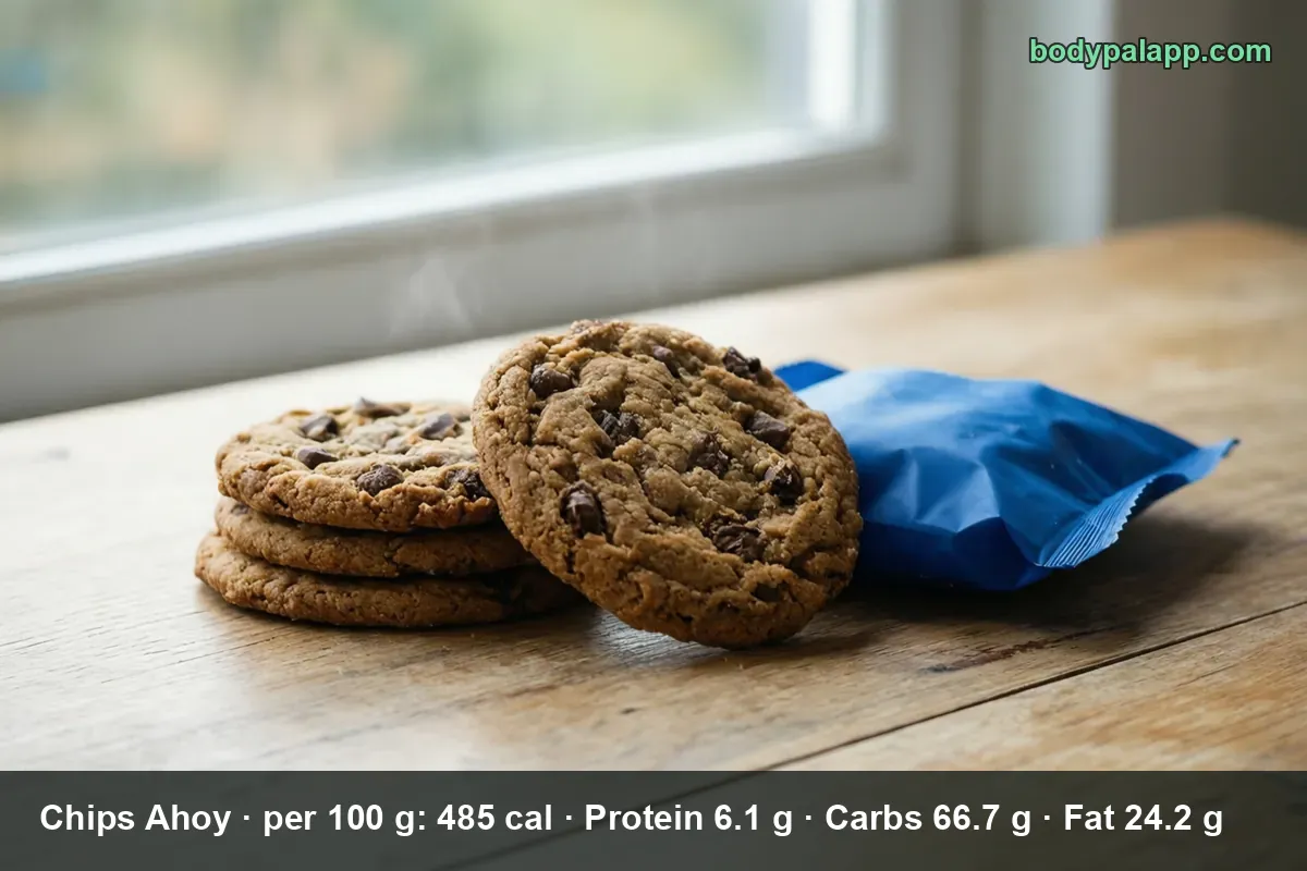 Stack of three chocolate chip cookies with one standing upright beside a small blue snack packet.