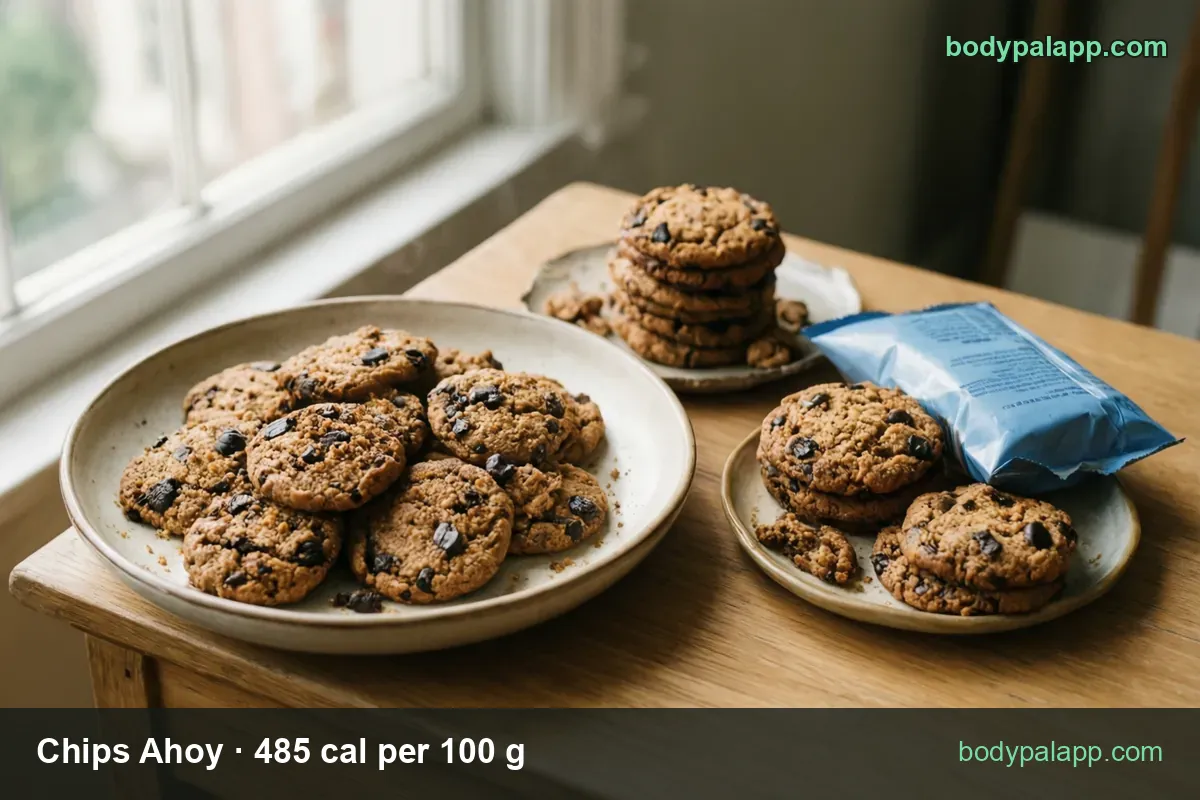 Plate of about eight chocolate chip cookies, chips labeled 3 cookies (33 g) 160 cal and 1 cookie (11 g) 53 cal.