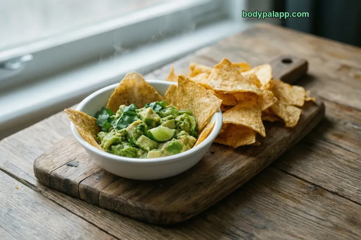 Chips and guacamole, packaged, per label