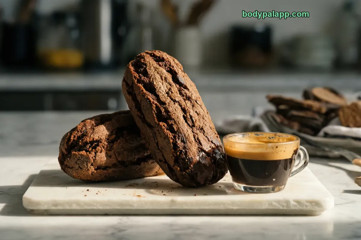Chocolate biscotti, packaged, per label