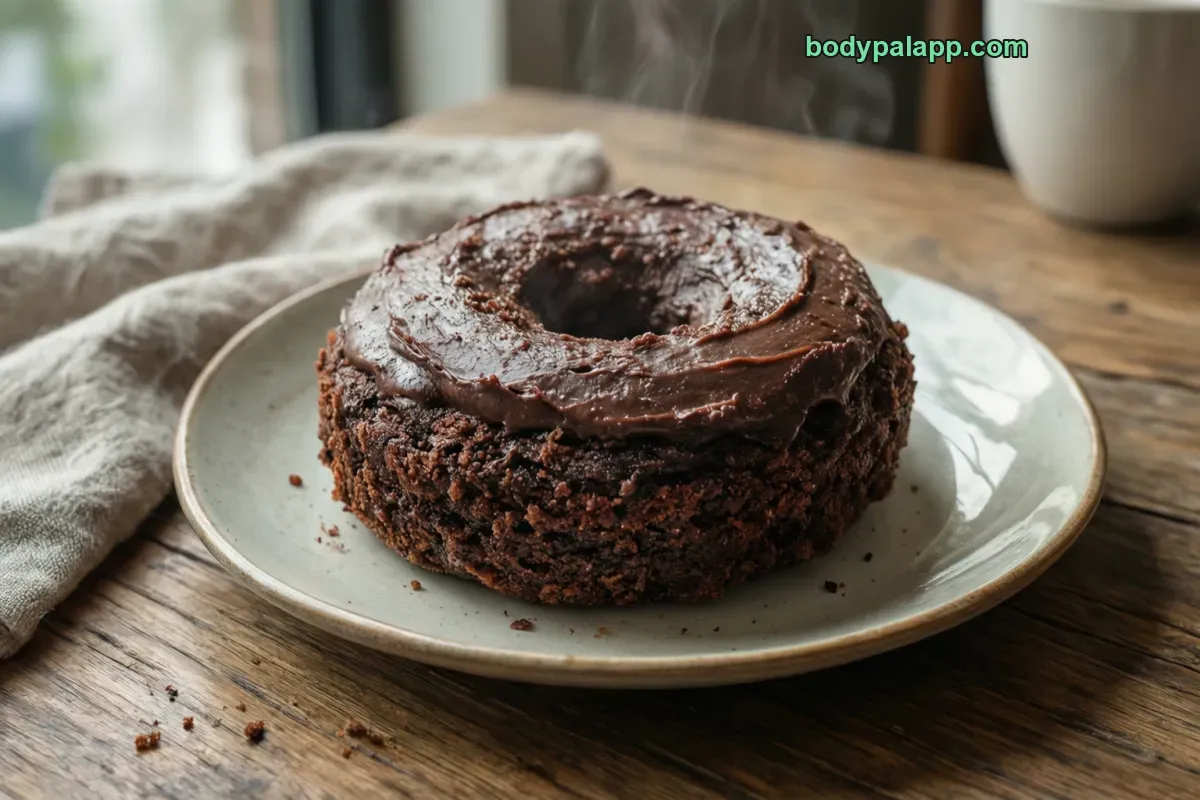 Chocolate cake donut with frosting, with chocolate icing