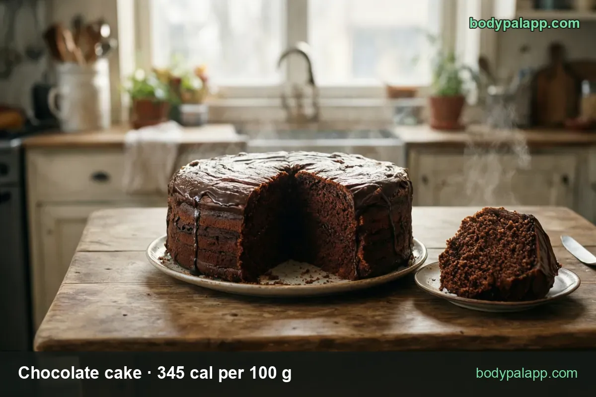 Whole frosted chocolate cake with one slice cut out on a platter; chips show a 175 g slice at 604 cal and a 115 g slice at 397 cal.