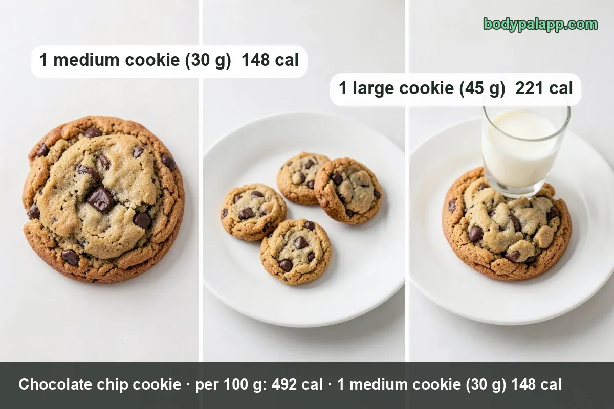 Four chocolate chip cookies: one whole in a metal dish, one broken with melted chocolate, two on a wooden board, with 30 g and 45 g portions