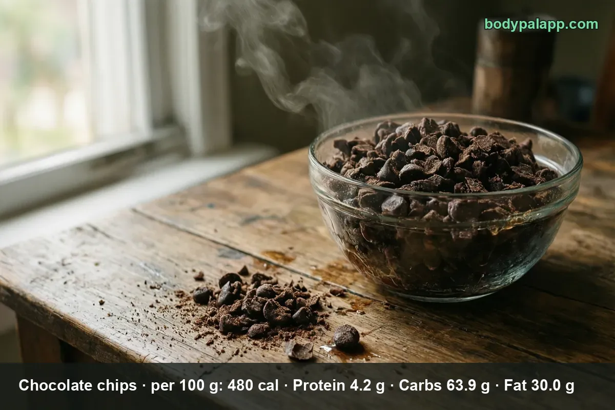 Glass bowl of chocolate chips with large chocolate chunks and rising steam