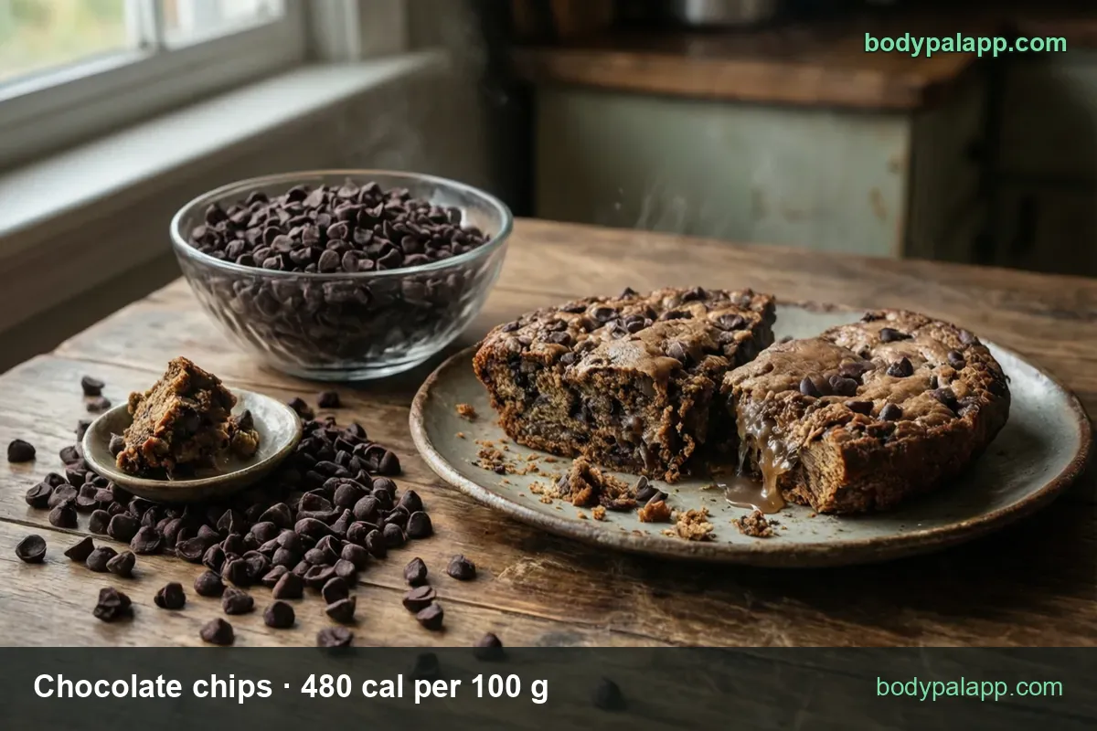 Scattered chocolate chips, a saucer with a cookie piece and a broken chocolate chip cookie; 1/4 cup 269 cal and 1 cup 1080 cal