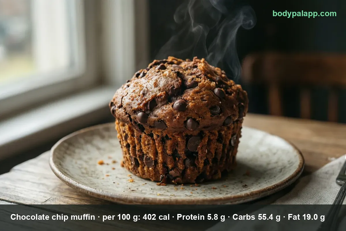 Close-up of one large chocolate chip muffin with a domed, cracked top.