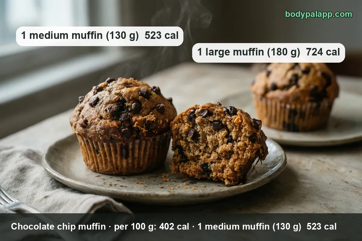 Chocolate chip muffins, one broken in half showing chocolate chips: 1 medium muffin (130 g) 523 cal, 1 large muffin (180 g) 724 cal.