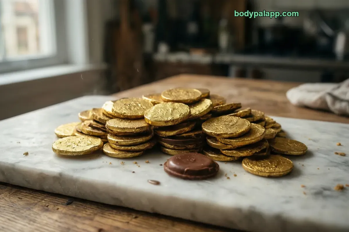 Chocolate coin, packaged, per label