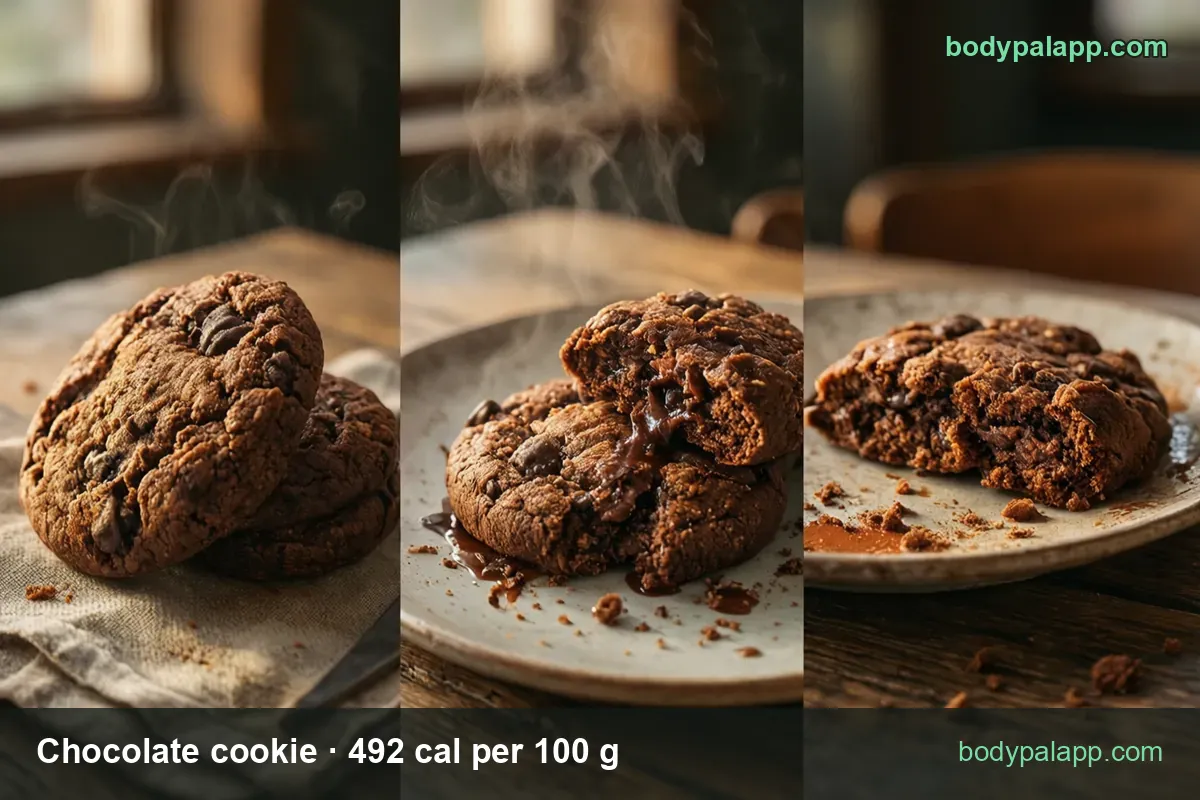 Stacked chocolate cookies, cookies with melted chocolate, one broken in two; 1 large cookie 45 g 221 cal, 1 medium 30 g 148 cal