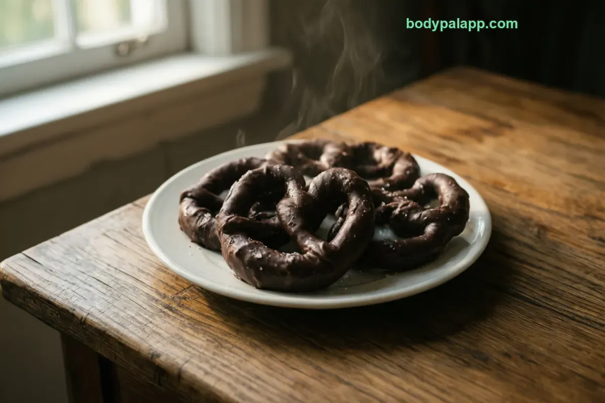 Chocolate covered pretzel, hard pretzel, chocolate coated