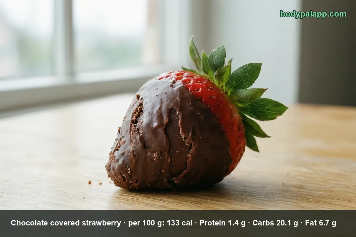 One strawberry half-dipped in dark chocolate with green leaves still on, on a wooden table.