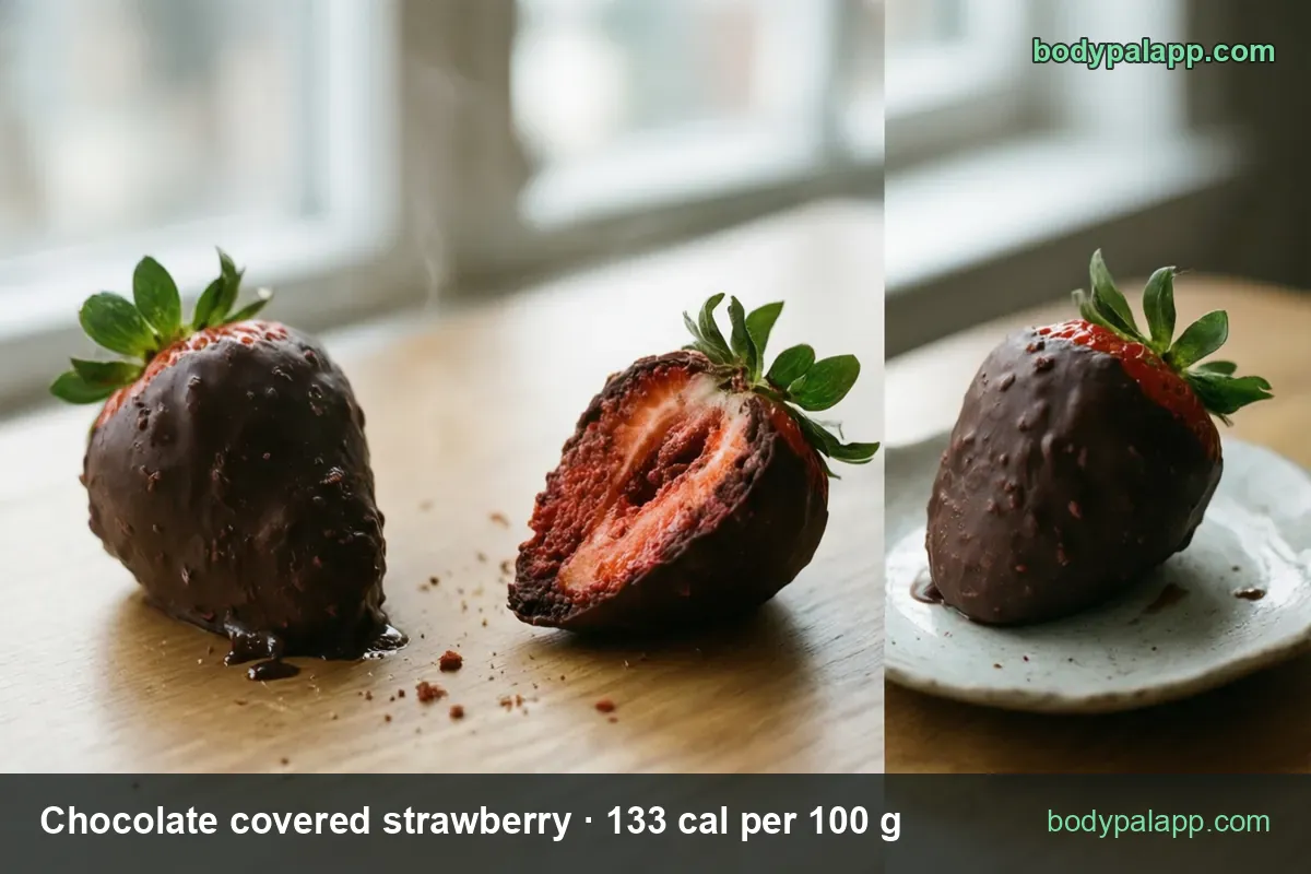 Whole chocolate covered strawberry and a cut half showing the red and white centre, with 25 g and 75 g calorie chips.