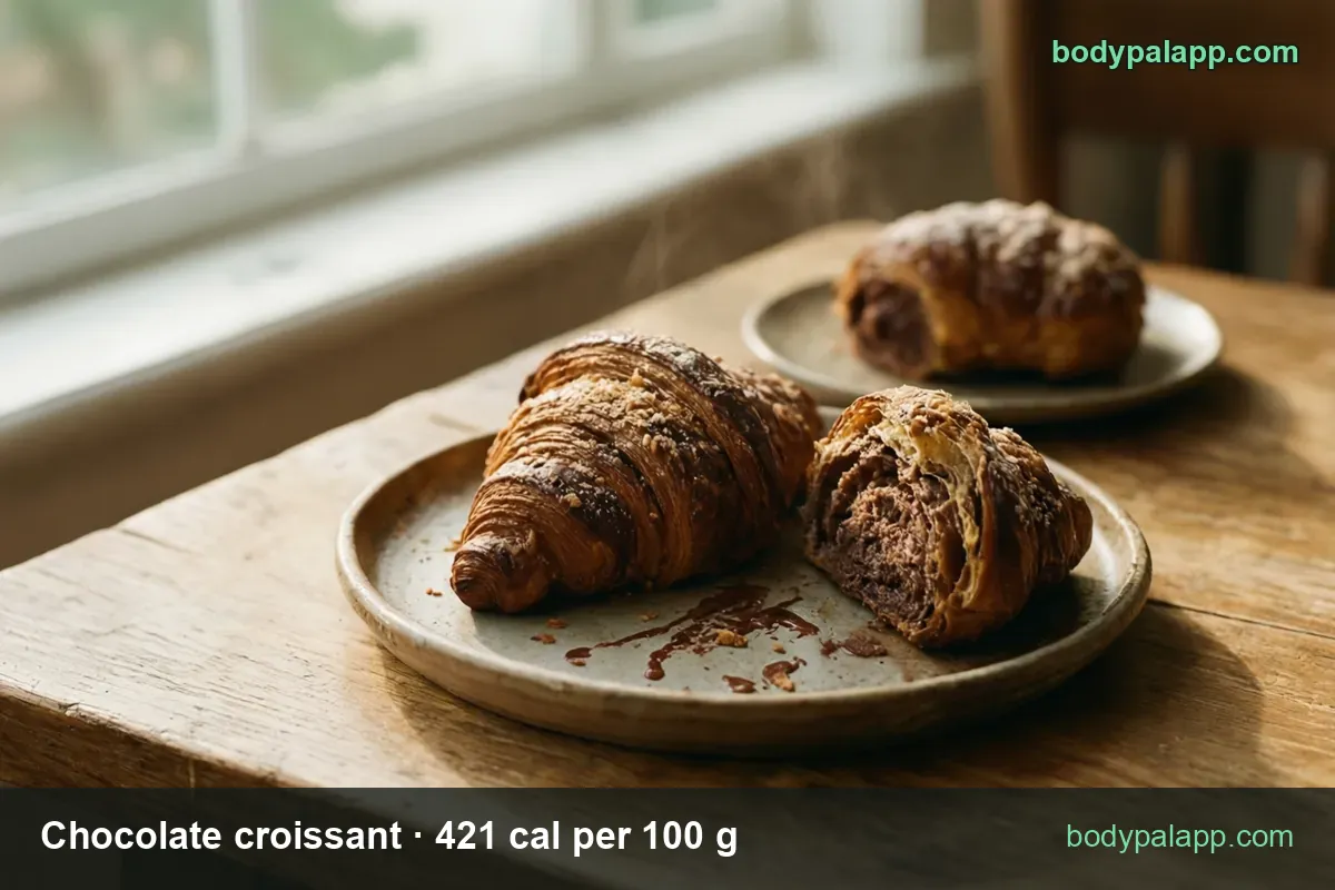 Plate with a whole chocolate croissant and a cut half showing chocolate filling; 1 croissant (57 g) 240 cal, 1 large (70 g) 295 cal