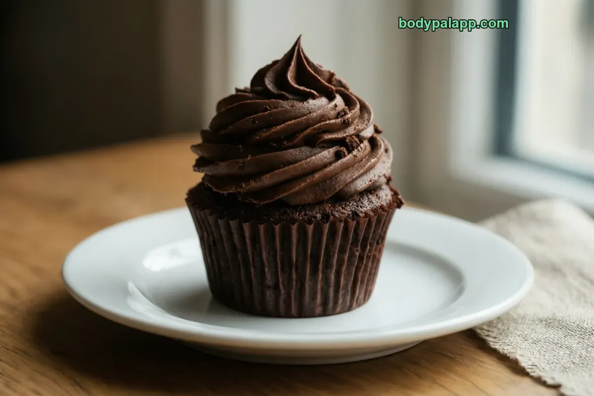 Chocolate cupcake with chocolate icing, made from mix