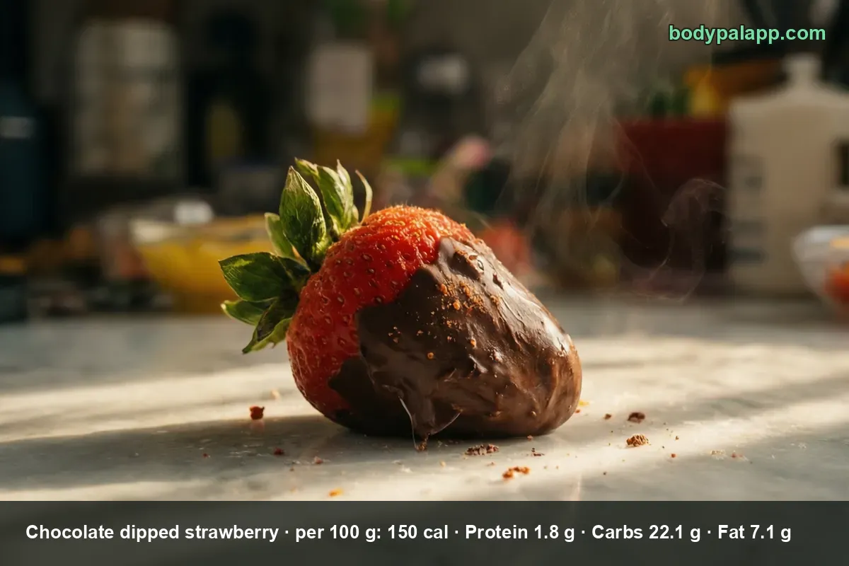 One whole strawberry dipped in milk chocolate on a marble surface, warm steam rising from the coating.