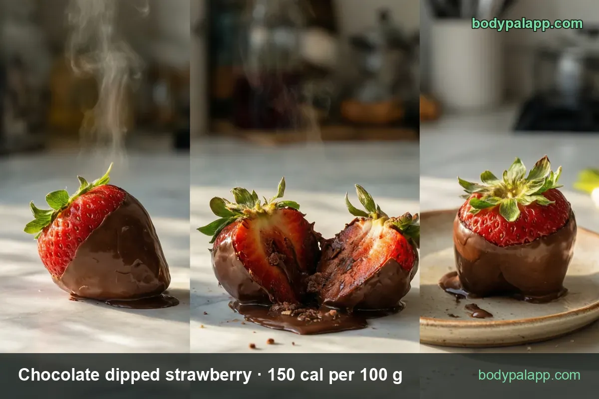 Chocolate dipped strawberries: one whole, one halved with melted chocolate, one on a plate; 1 berry 57 cal, 3 berries 170 cal.