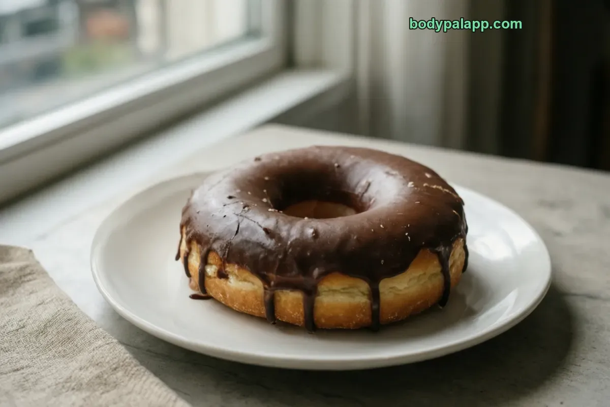 Chocolate frosted donut, yeast donut, chocolate icing