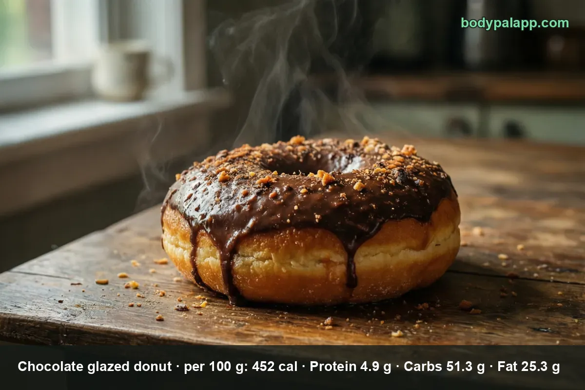 Close-up of a chocolate glazed donut with glaze running down the side and crumbs on top.
