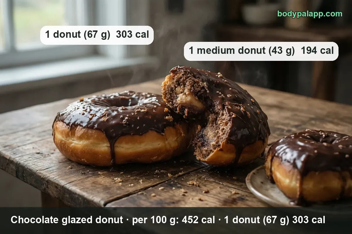Three chocolate glazed donuts, one whole, one broken in half, one on a small plate, with 1 donut 67 g 303 cal and 43 g 194 cal.