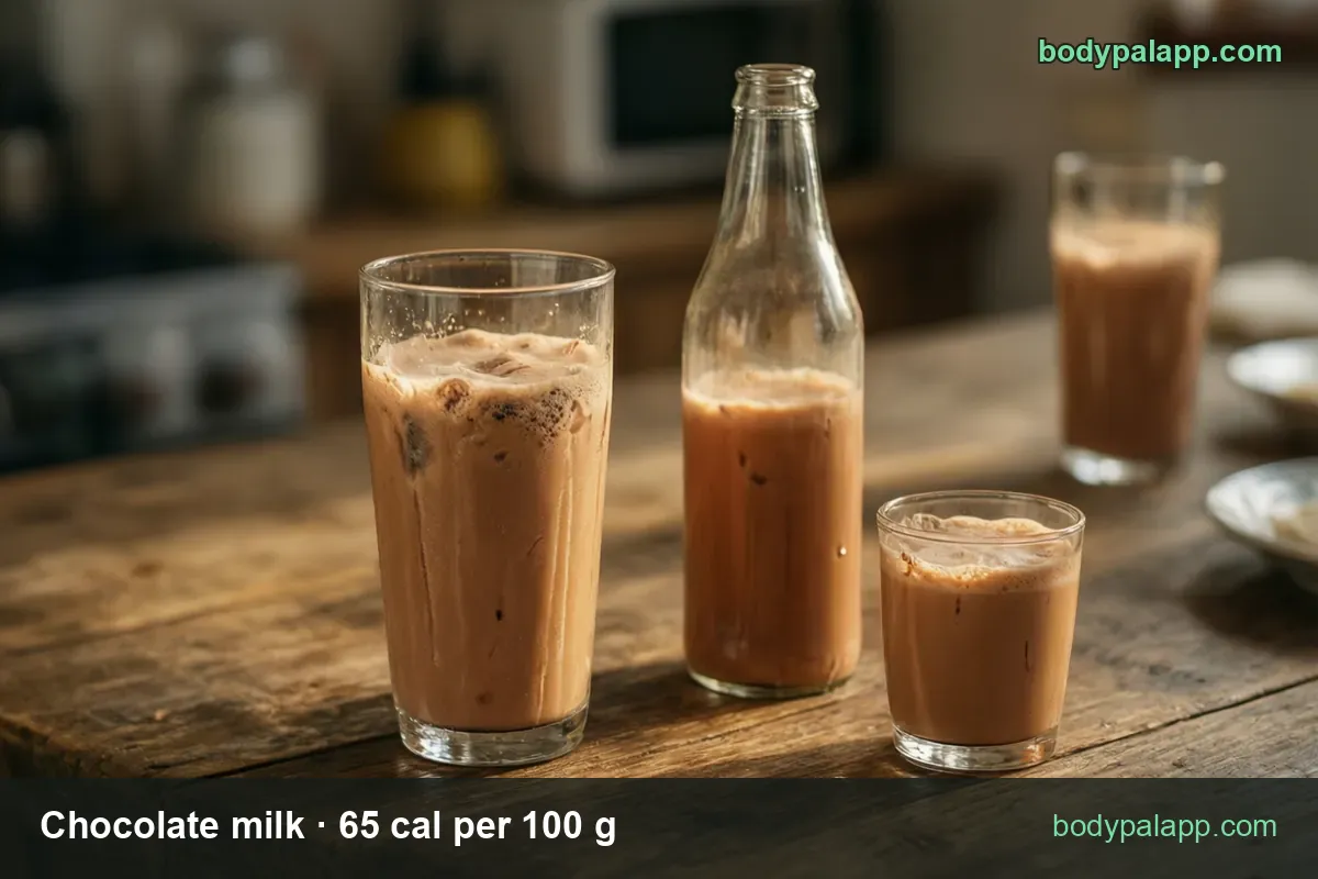 Half-full glass bottle of chocolate milk with two filled glasses, one cup 248 g and a 16 fl oz bottle 496 g