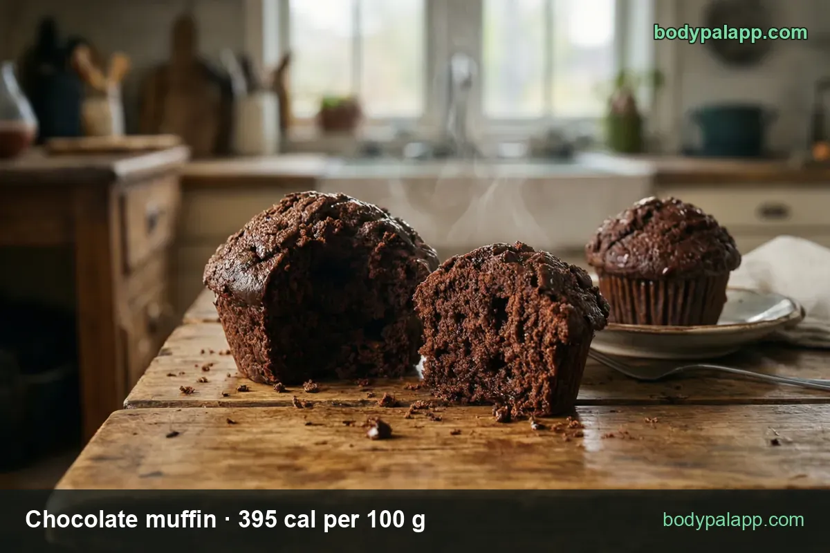 Chocolate muffin broken into two halves with a whole muffin behind it; chips show 1 medium (130 g) and 1 small (70 g)
