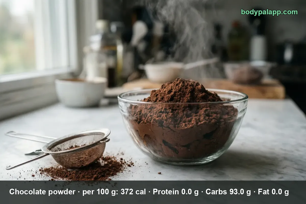 Glass bowl heaped with chocolate powder beside a small sieve dusting powder over a marble surface, loose powder scattered around