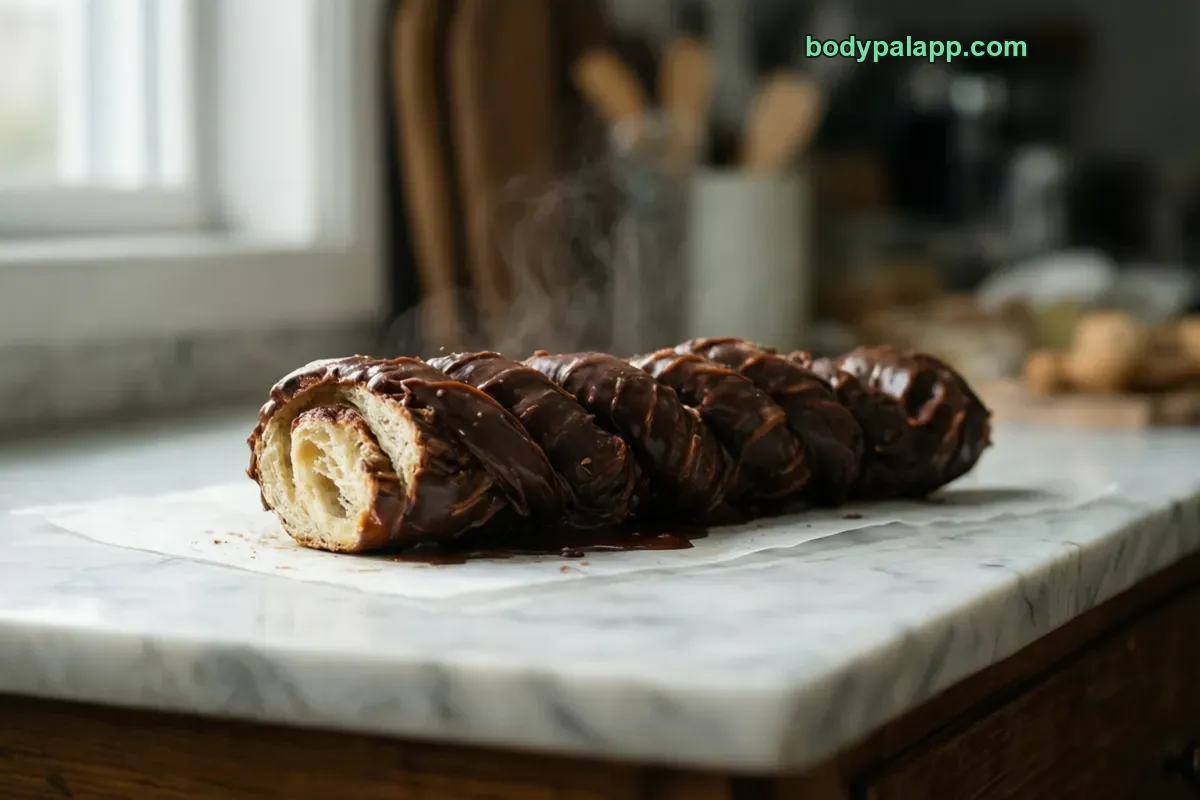 Chocolate twist donut, yeast dough, chocolate icing