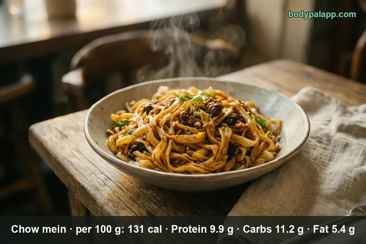 Bowl of wide flat chow mein noodles with ground beef, cabbage and scallions, steaming