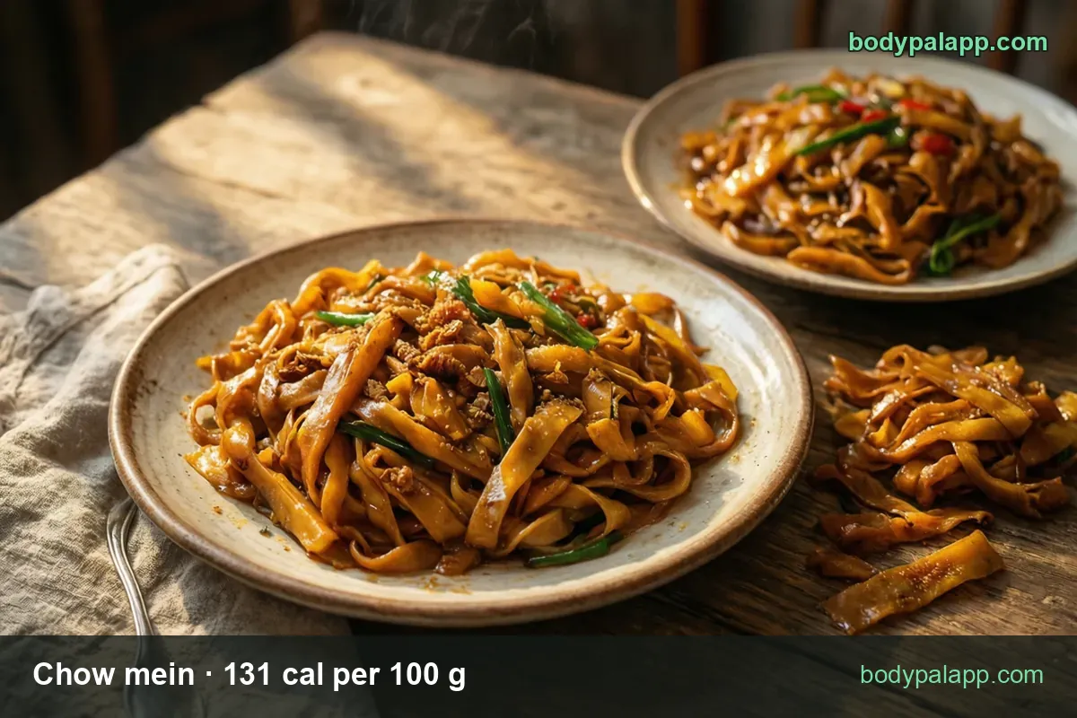 Two plates of wide flat chow mein noodles with scallions and peppers plus a small heap; chips 1 cup (220 g) and 1/2 cup (110 g)