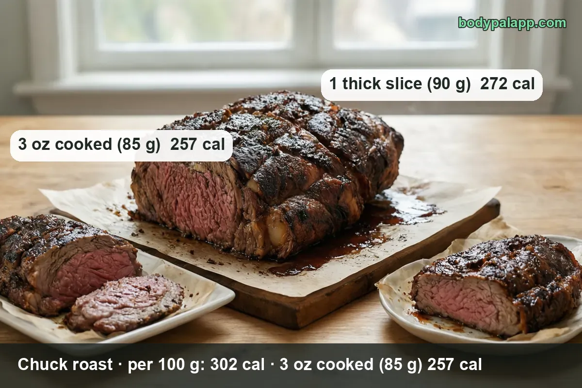 Sliced beef chuck roast on a wooden board with two plates of carved slices